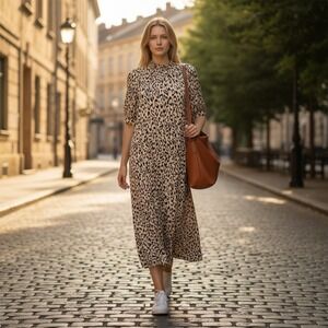 Anthropologie‎ Dress Womens XS Leopard Print Midi High Neck Puff Sleeve